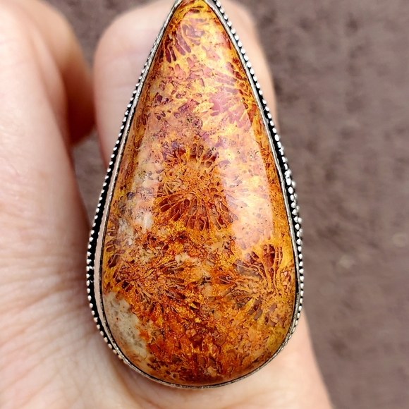 New Oversized Coral Fossil 925 Silver Statement Ring. - Picture 9 of 14